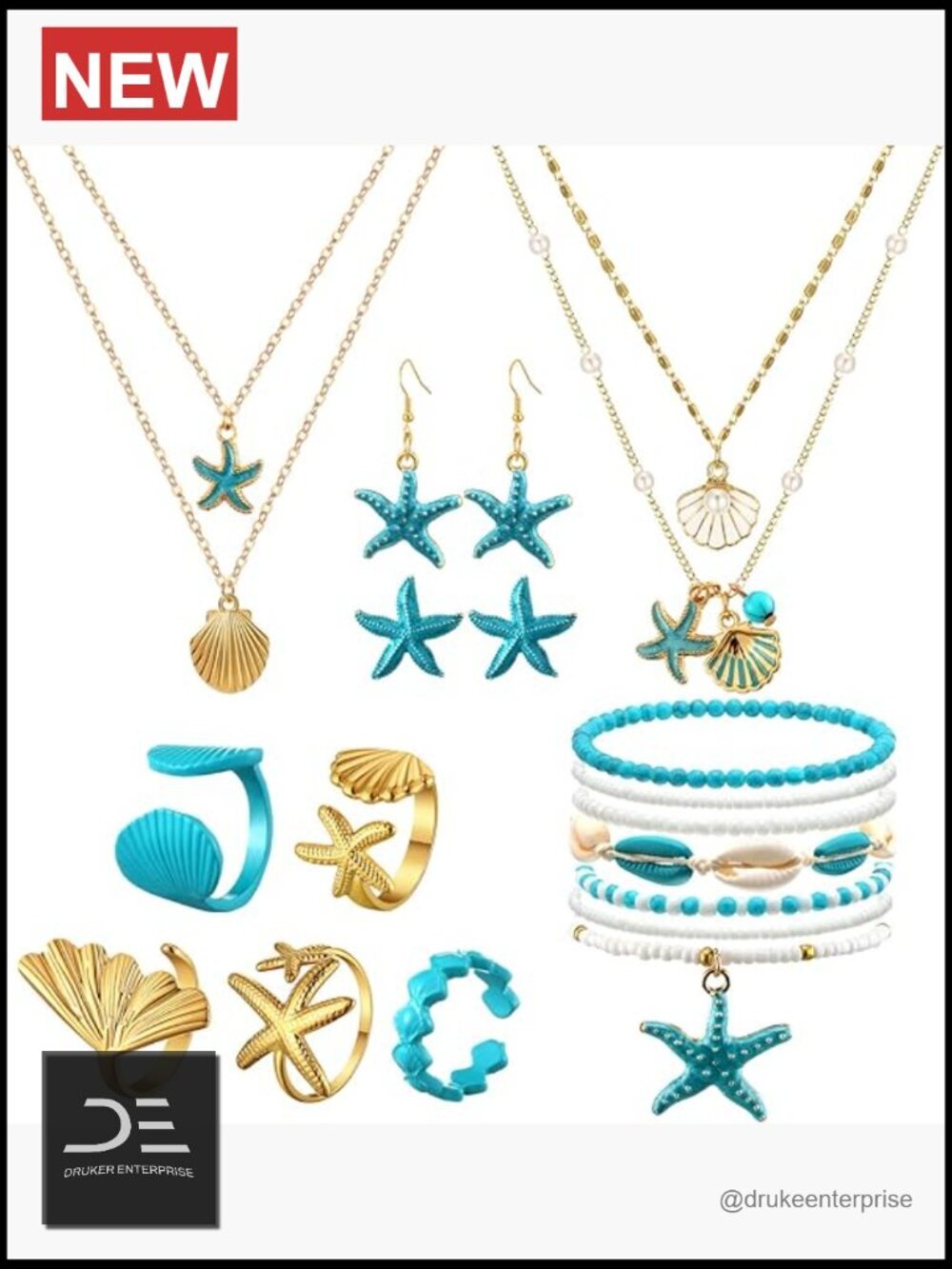 16 Pcs Seashell Starfish Jewelry Set - Boho Layered Necklace Earrings Rings